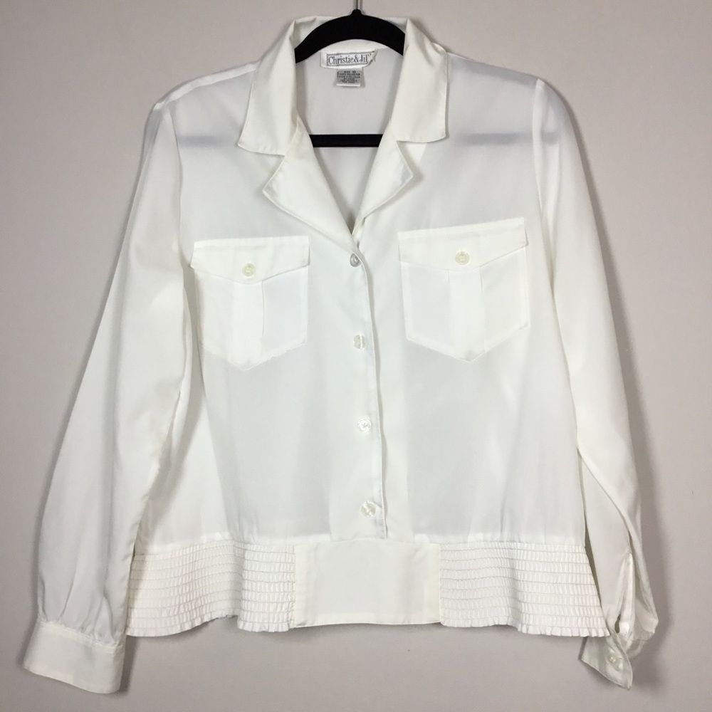 White semi sheer blouse long sleeve front pockets smocked waist feminine 10 (M)